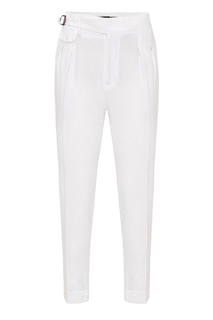 Men's White High Waist (Boyfriend) Pleated Fabric Trousers With Buckle Belt