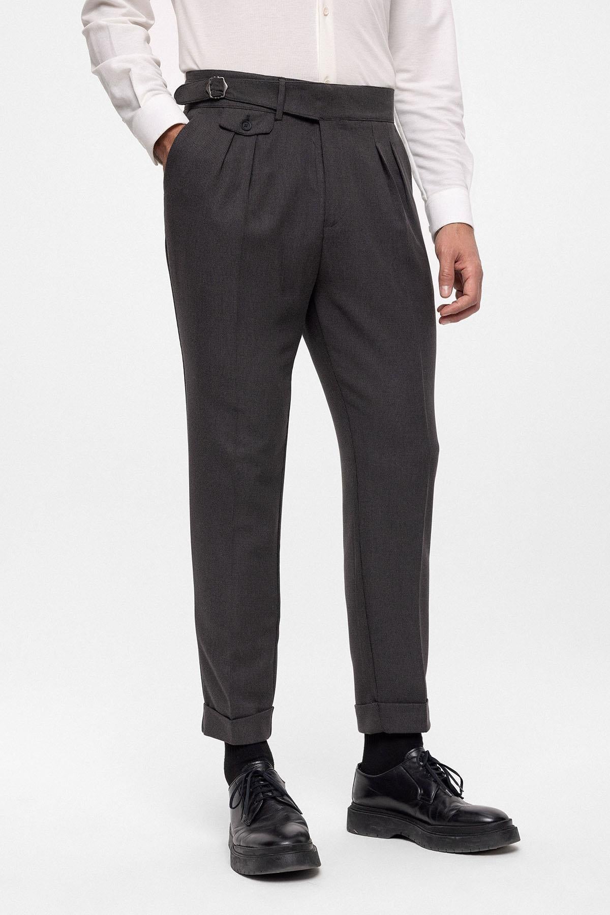 Men's Anthracite High Waist (Boyfriend) Pleated Fabric Trousers With Buckle Belt