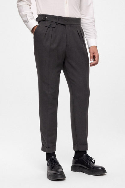 Men's Anthracite High Waist (Boyfriend) Pleated Fabric Trousers With Buckle Belt
