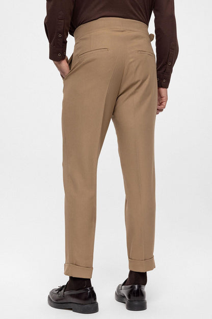 Men's Camel High Waist (Boyfriend) Pleated Fabric Trousers With Buckle Belt