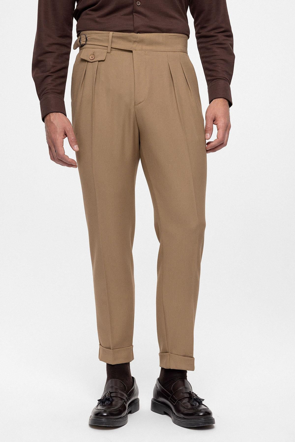 Men's Camel High Waist (Boyfriend) Pleated Fabric Trousers With Buckle Belt