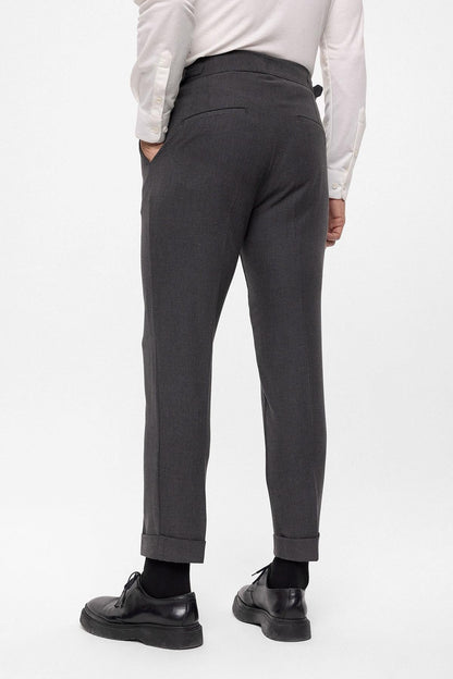 Men's Anthracite High Waist (Boyfriend) Side Buckled Belt Detail Pleated Fabric Trousers