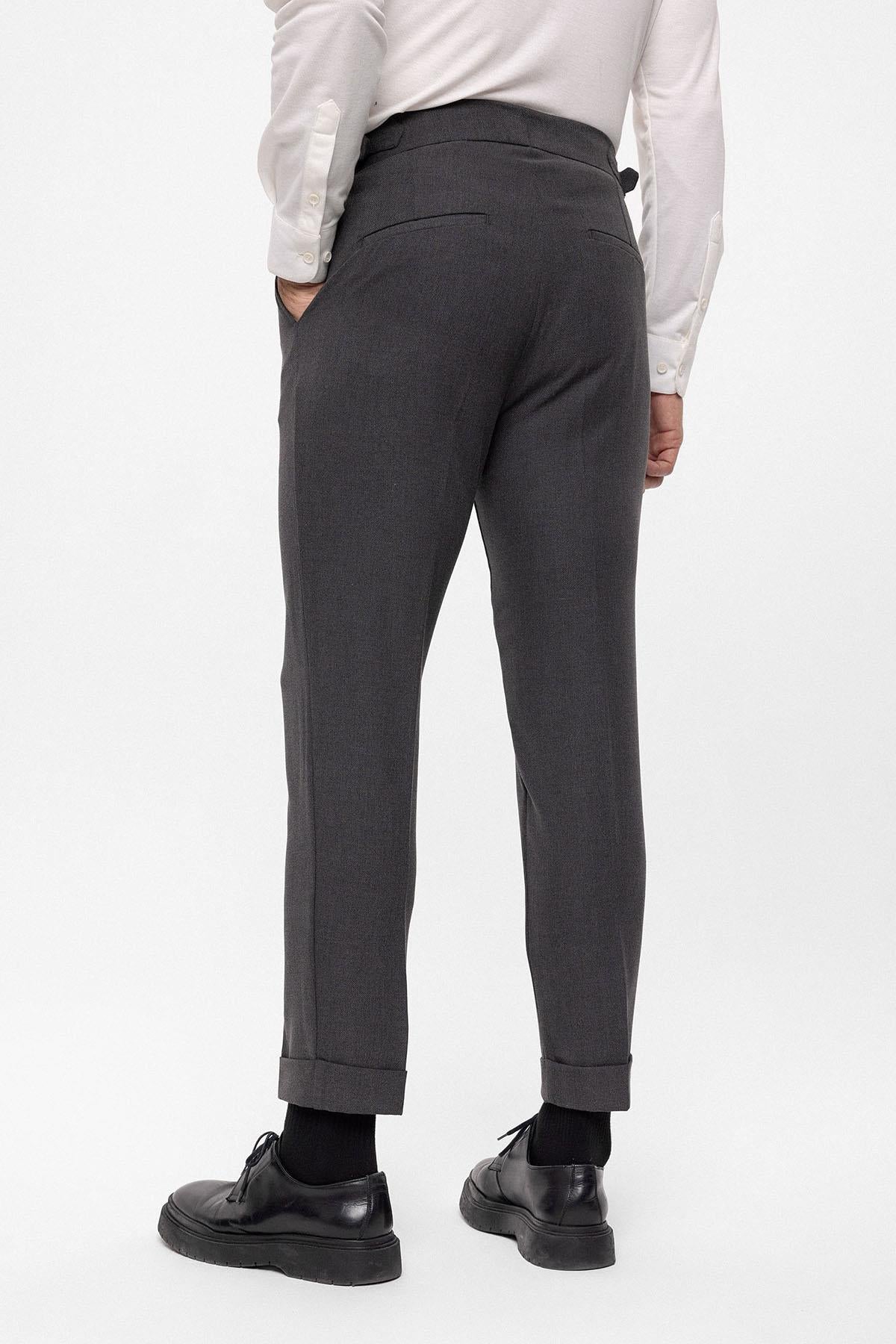 Men's Anthracite High Waist (Boyfriend) Side Buckled Belt Detail Pleated Fabric Trousers