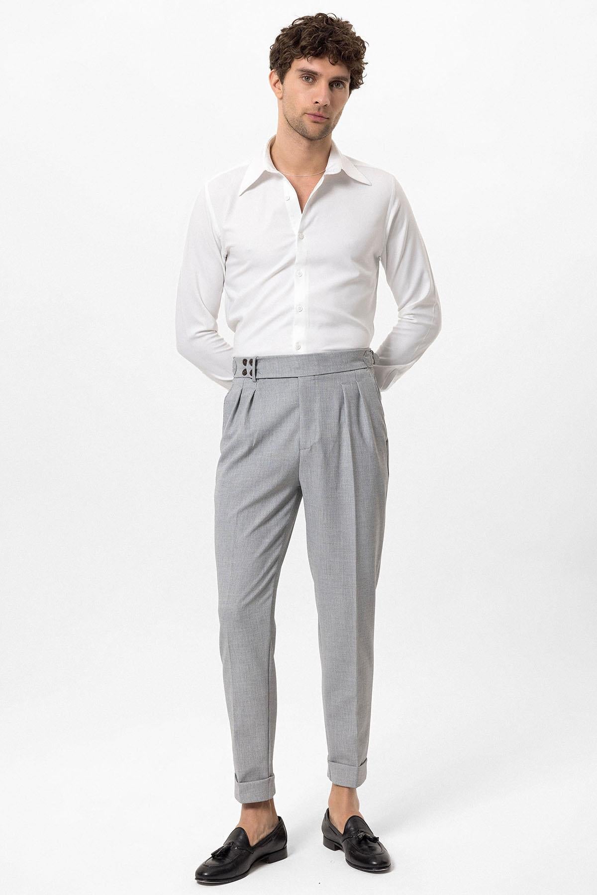 Men's Light Grey High Waist Belted Boyfriend Pants