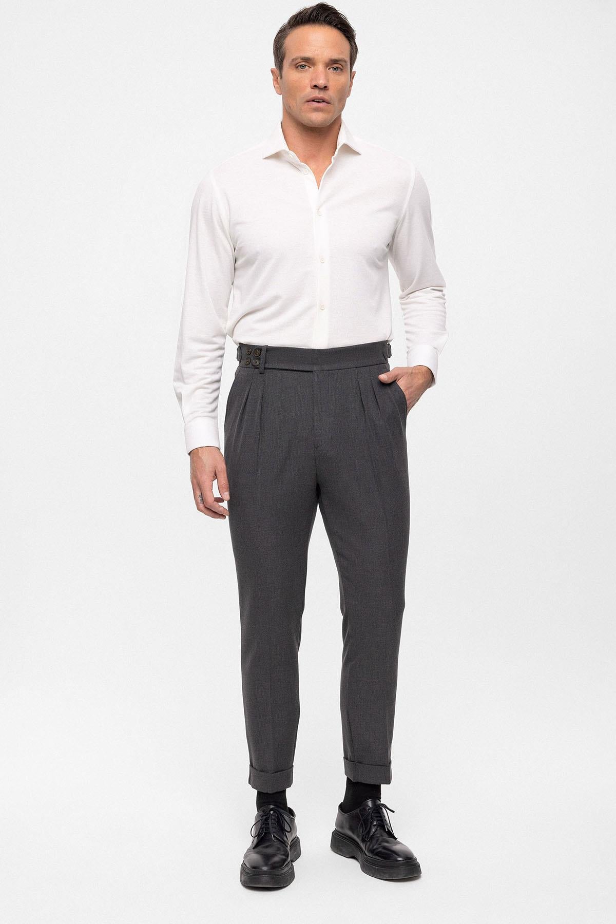 Men's Anthracite High Waist (Boyfriend) Side Buckled Belt Detail Pleated Fabric Trousers