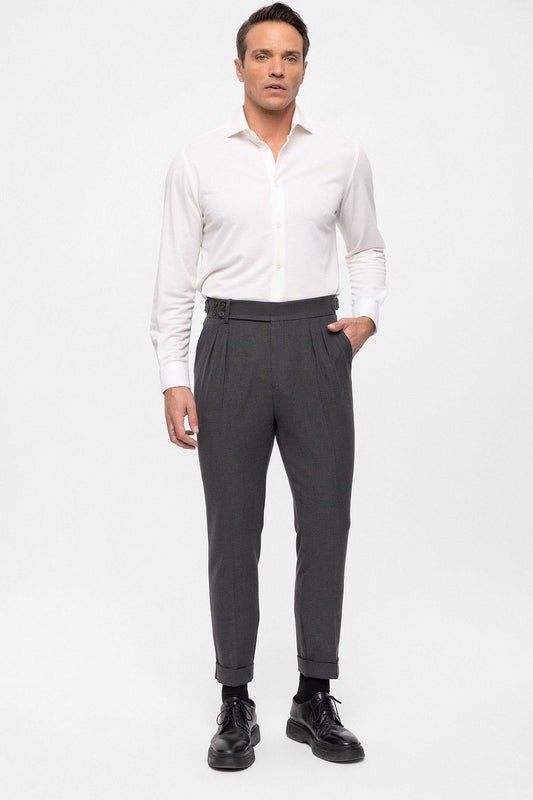 Men's Anthracite High Waist (Boyfriend) Side Buckled Belt Detail Pleated Fabric Trousers