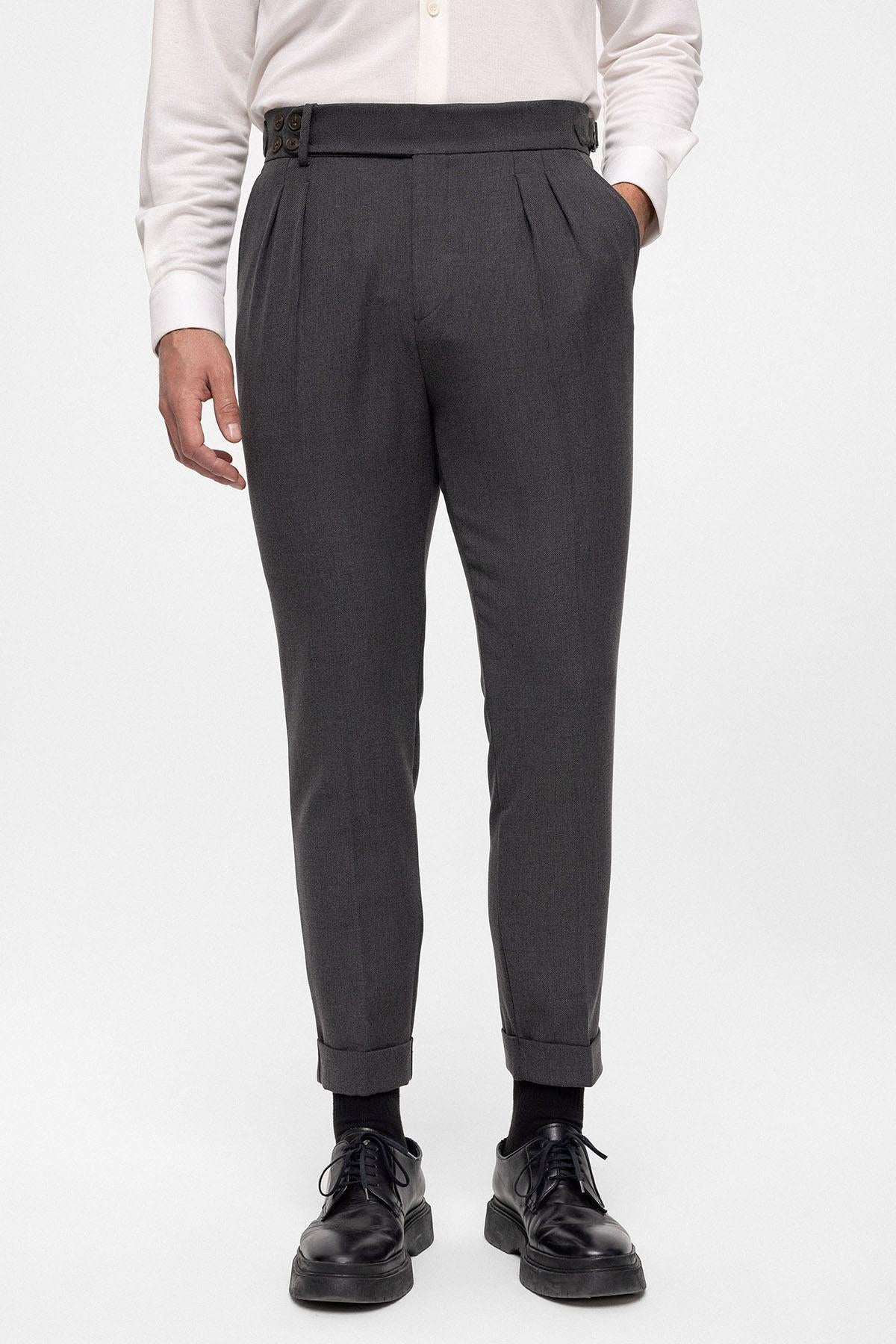 Men's Anthracite High Waist (Boyfriend) Side Buckled Belt Detail Pleated Fabric Trousers