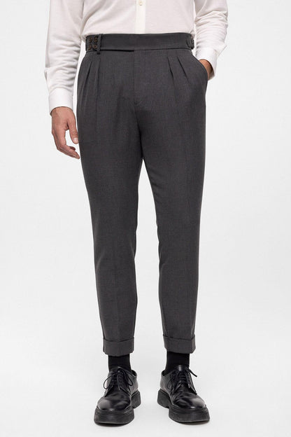Men's Anthracite High Waist (Boyfriend) Side Buckled Belt Detail Pleated Fabric Trousers