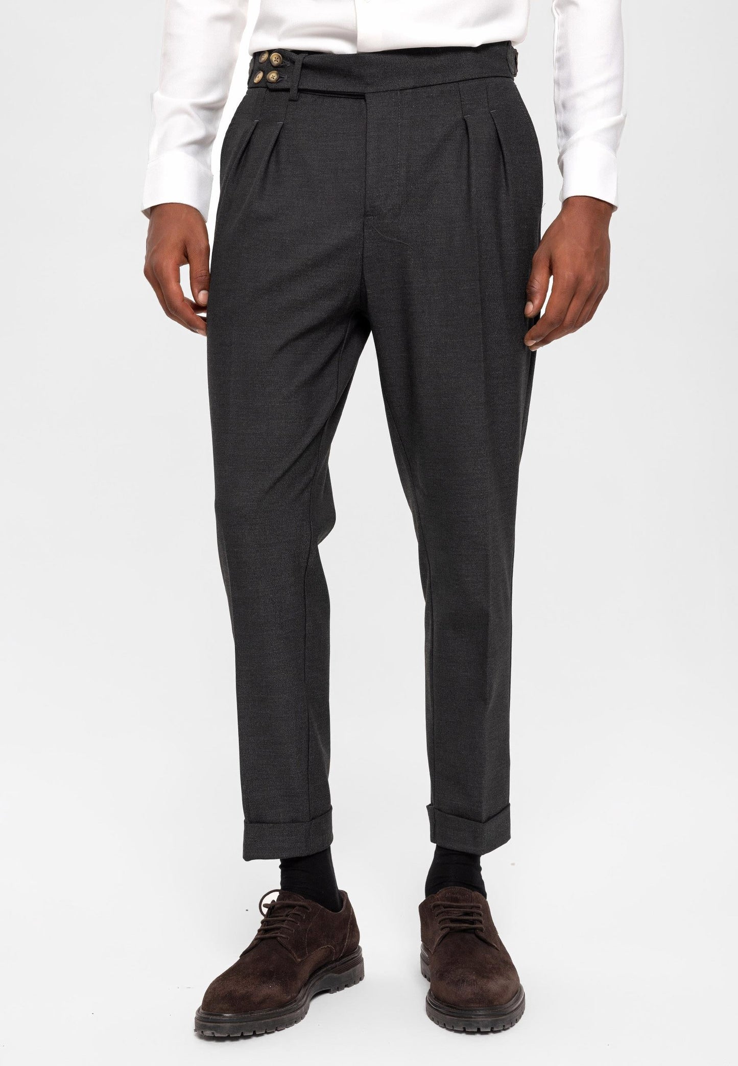 Men's Smoked High Waist (Boyfriend) Side Buckled Belt Detail Pleated Fabric Trousers