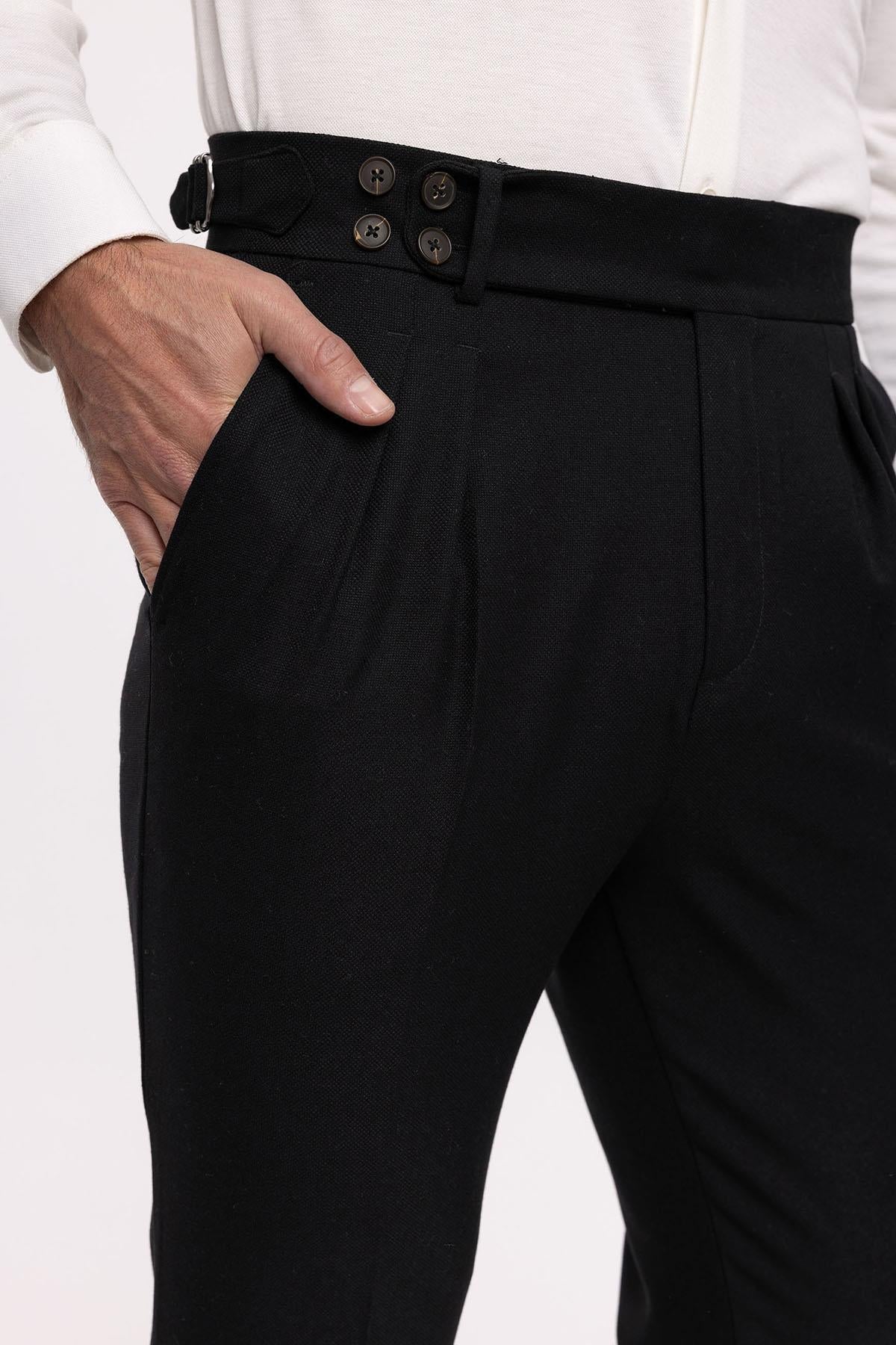 Men's Black High Waist (Boyfriend) Side Buckled Belt Detail Pleated Fabric Trousers