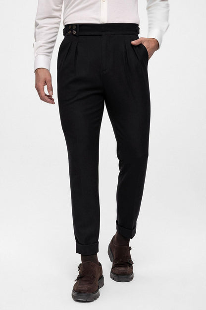 Men's Black High Waist (Boyfriend) Side Buckled Belt Detail Pleated Fabric Trousers