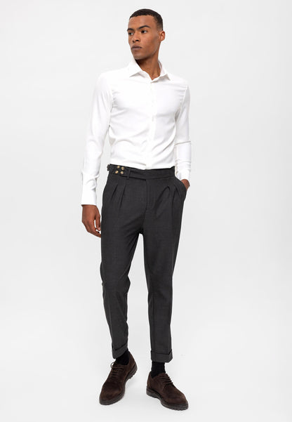 Men's Smoked High Waist (Boyfriend) Side Buckled Belt Detail Pleated Fabric Trousers
