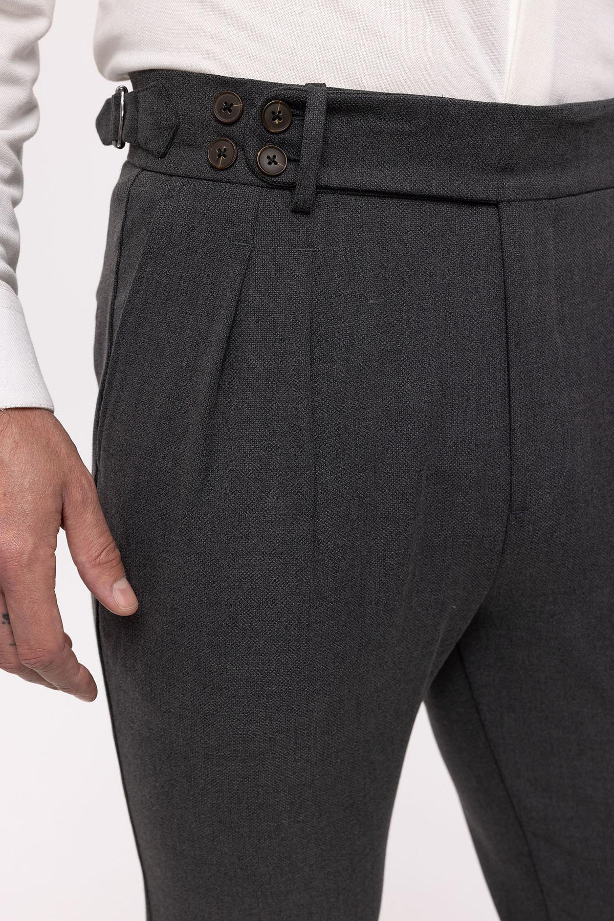 Men's Anthracite High Waist (Boyfriend) Side Buckled Belt Detail Pleated Fabric Trousers