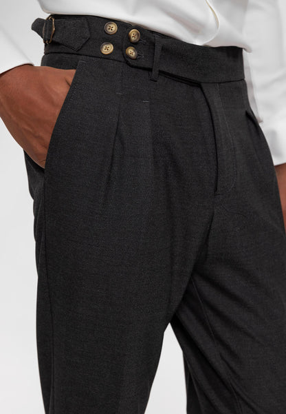 Men's Smoked High Waist (Boyfriend) Side Buckled Belt Detail Pleated Fabric Trousers