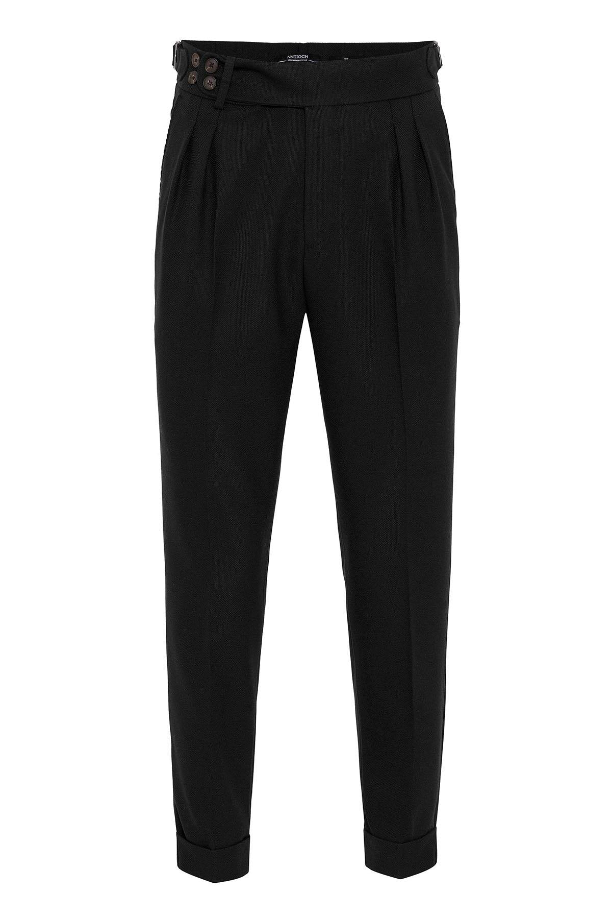 Men's Black High Waist (Boyfriend) Side Buckled Belt Detail Pleated Fabric Trousers