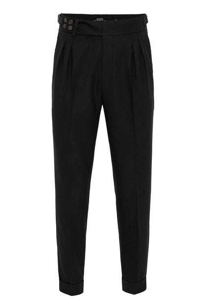 Men's Black High Waist (Boyfriend) Side Buckled Belt Detail Pleated Fabric Trousers