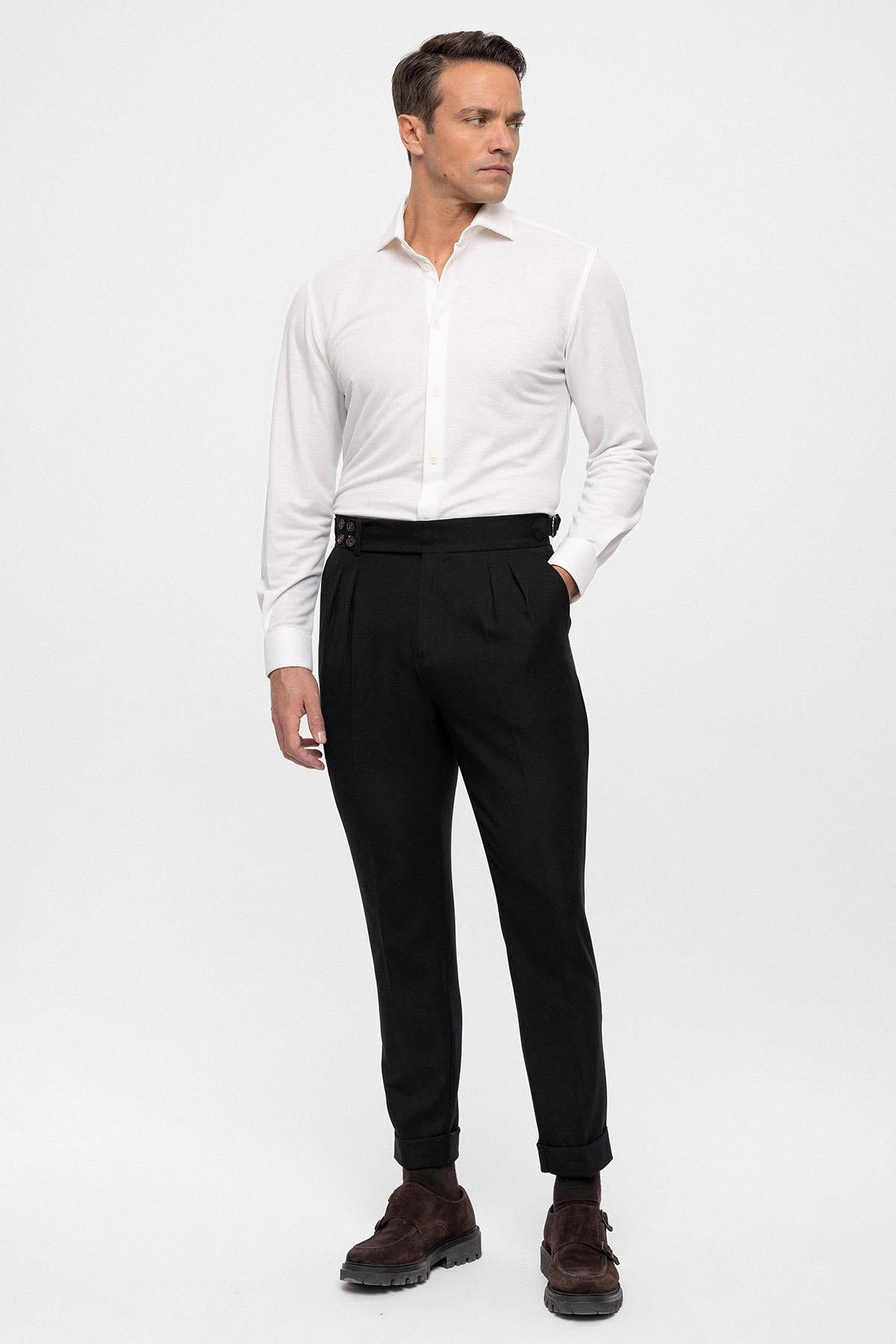 Men's Black High Waist (Boyfriend) Side Buckled Belt Detail Pleated Fabric Trousers