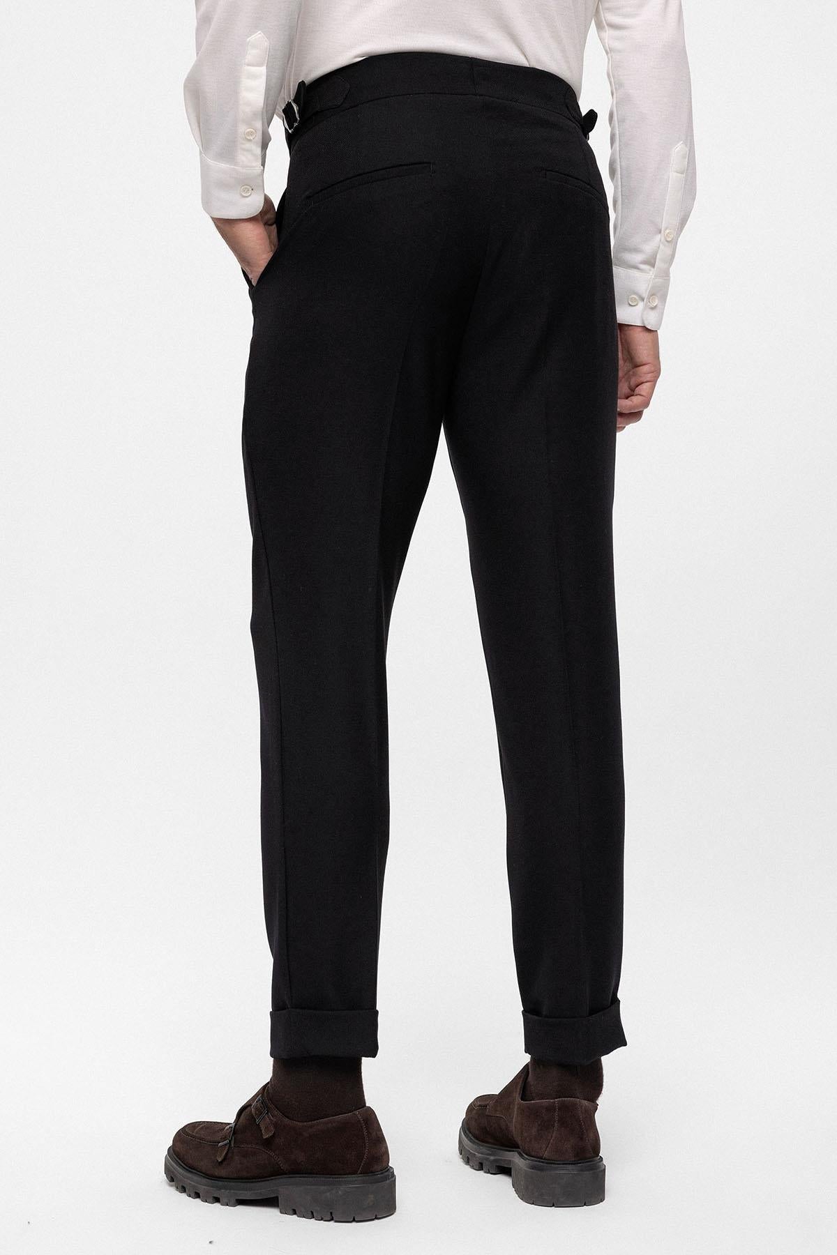 Men's Black High Waist (Boyfriend) Side Buckled Belt Detail Pleated Fabric Trousers
