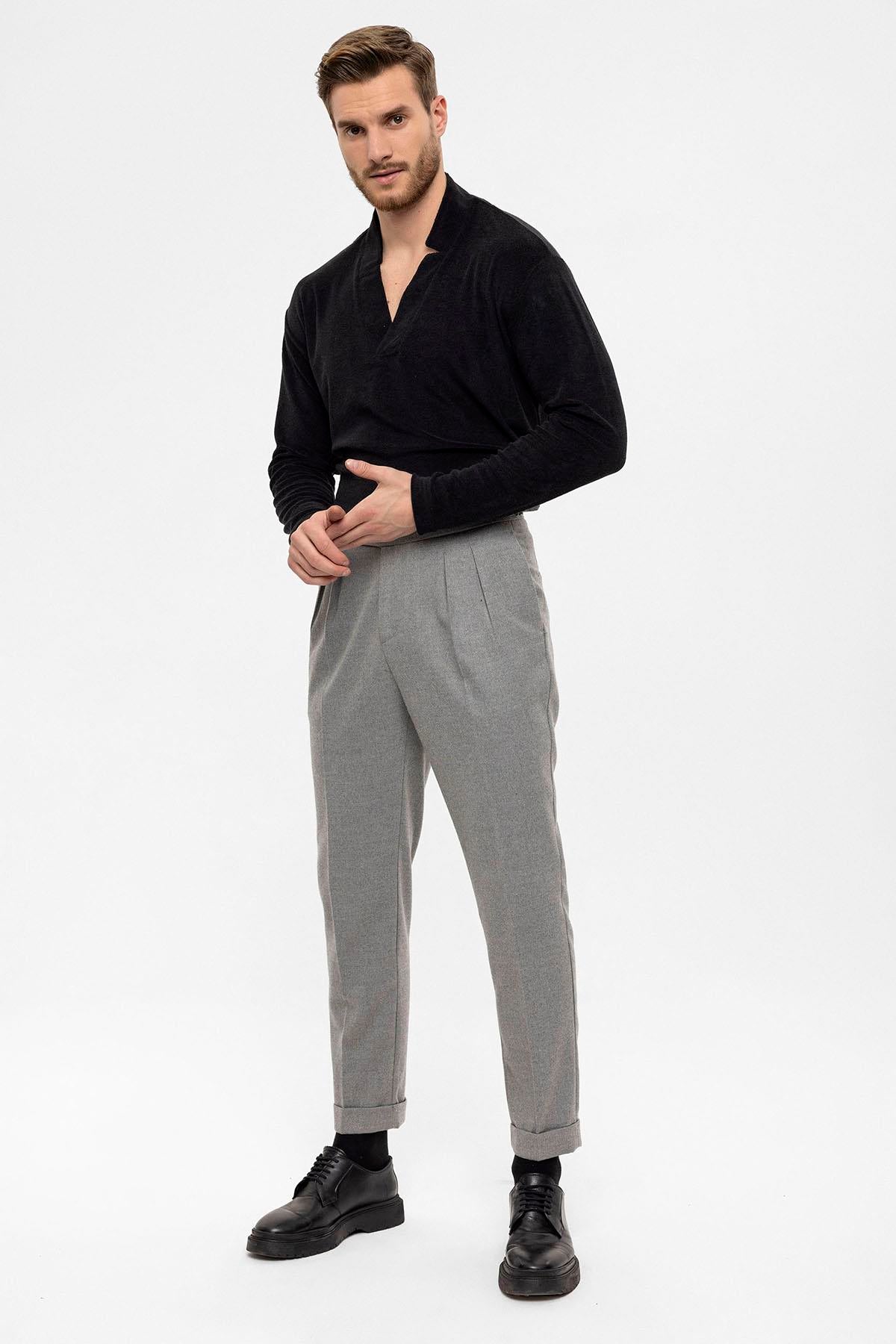 Men's Grey High Waist Double Pleated Trousers