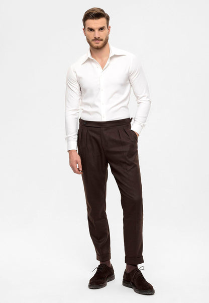 Men's Brown High Waist Double Pleated Trousers