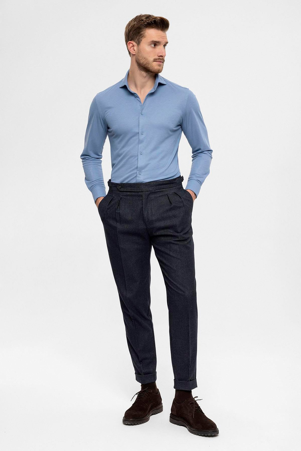 Men's Navy Blue High Waist Double Pleated Trousers