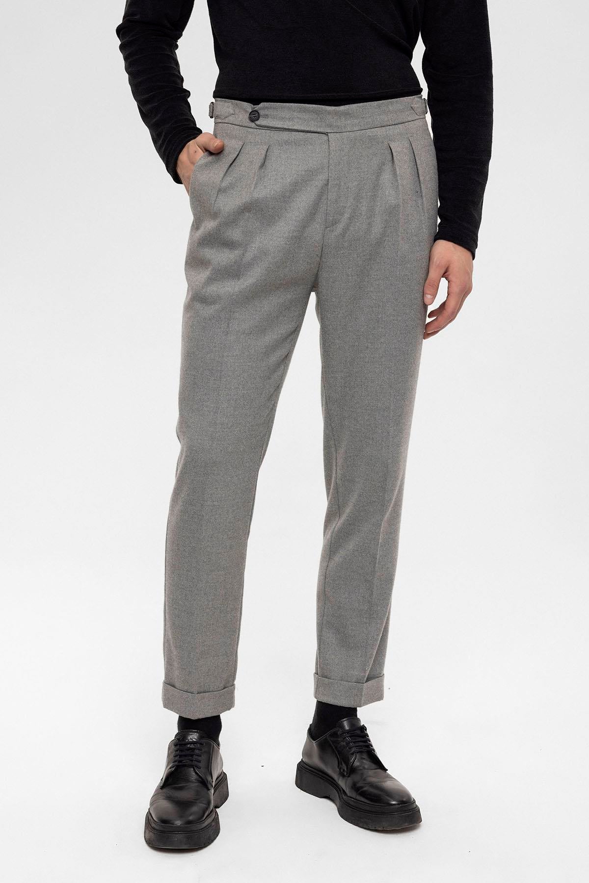 Men's Grey High Waist Double Pleated Trousers