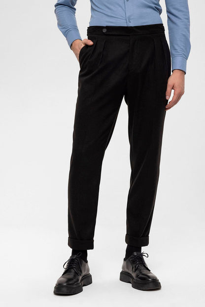 Men's Black High Waist Double Pleated Trousers