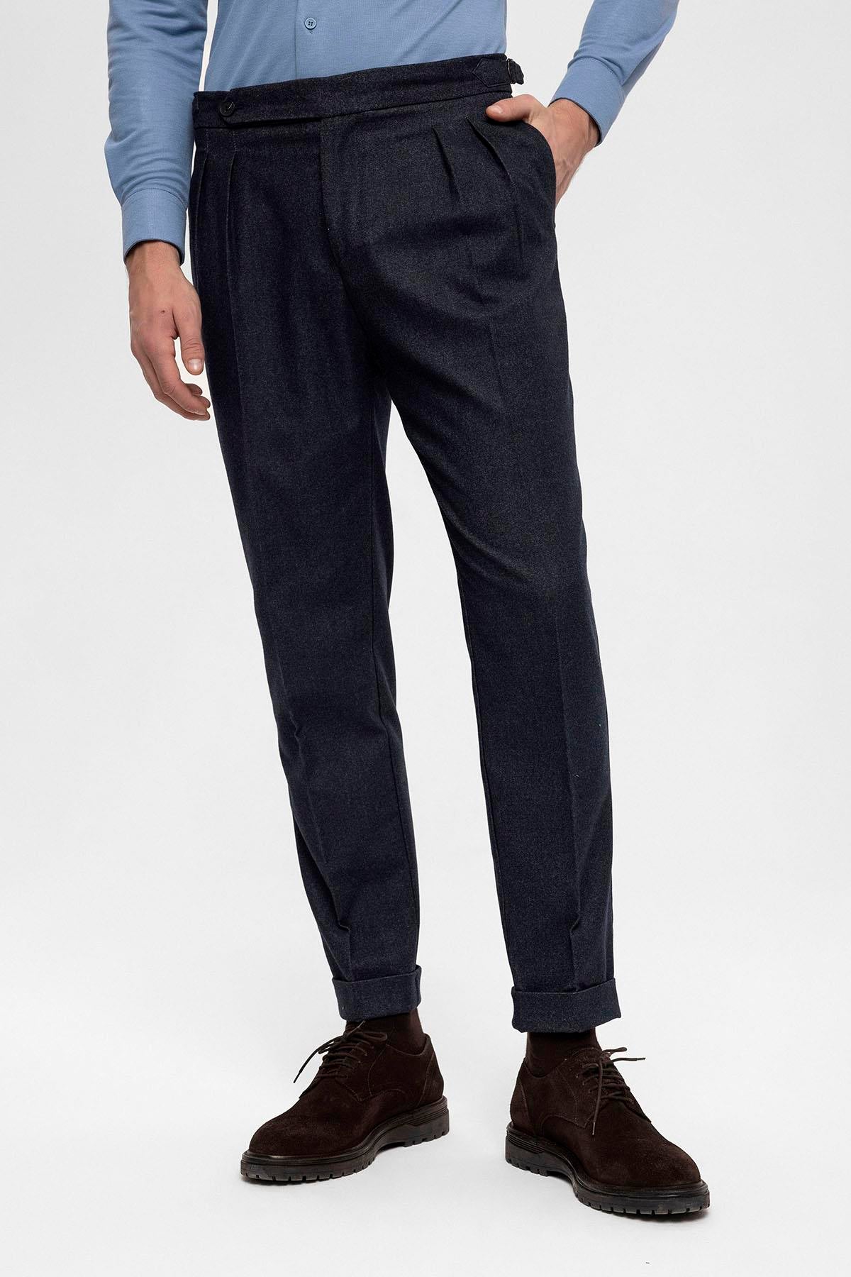 Men's Navy Blue High Waist Double Pleated Trousers