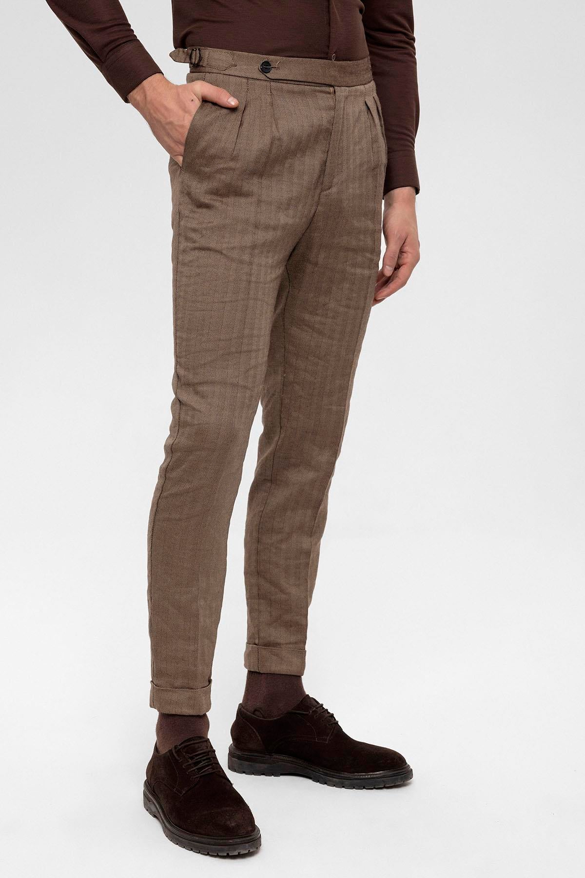 Men's Camel High Waist Double Pleated Trousers
