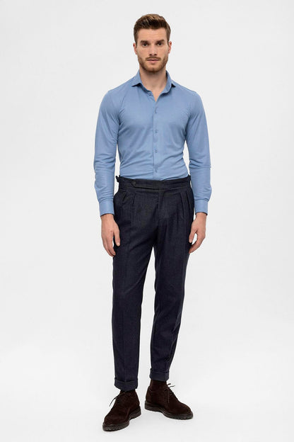 Men's Navy Blue High Waist Double Pleated Trousers