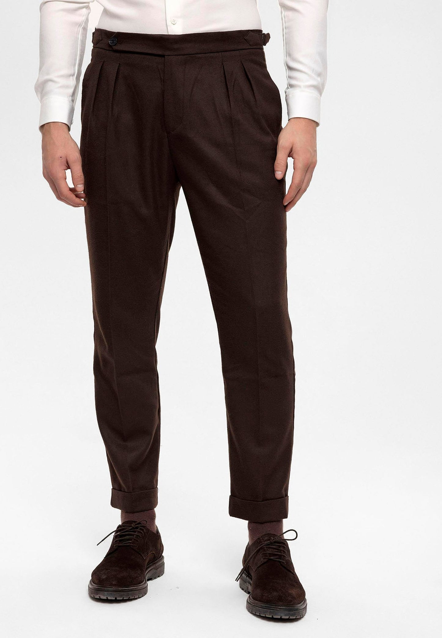 Men's Brown High Waist Double Pleated Trousers