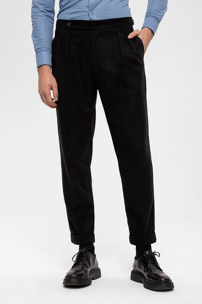 Men's Black High Waist Double Pleated Trousers