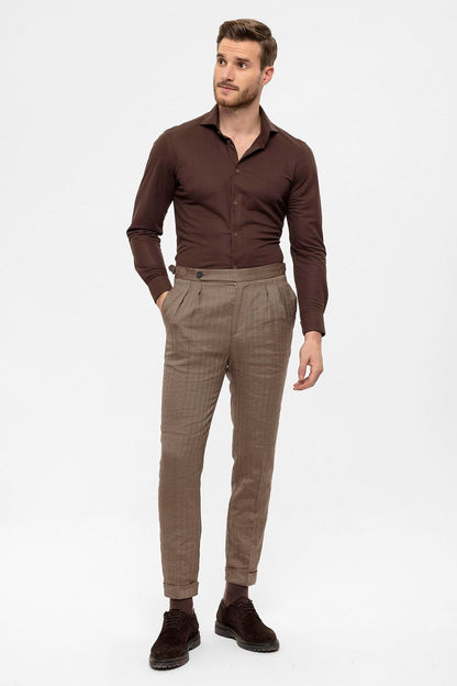 Men's Camel High Waist Double Pleated Trousers