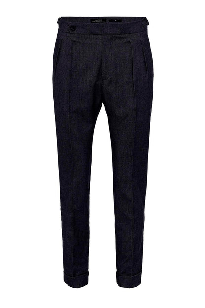 Men's Navy Blue High Waist Double Pleated Trousers