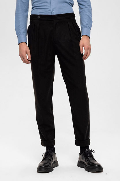 Men's Black High Waist Double Pleated Trousers