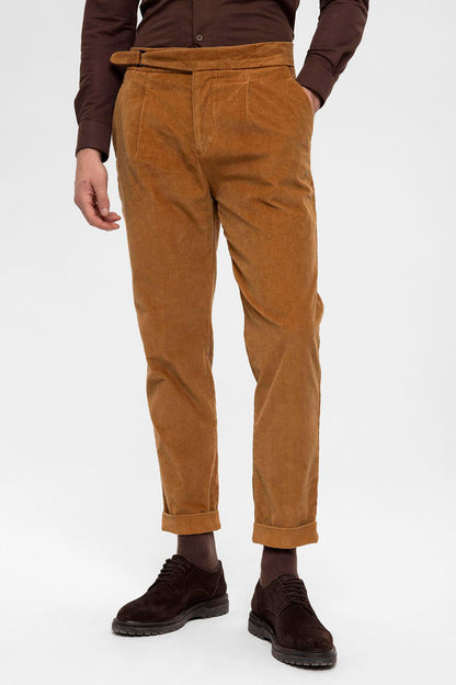 Men's Light Tan High Waist Double Leg Velvet Trousers
