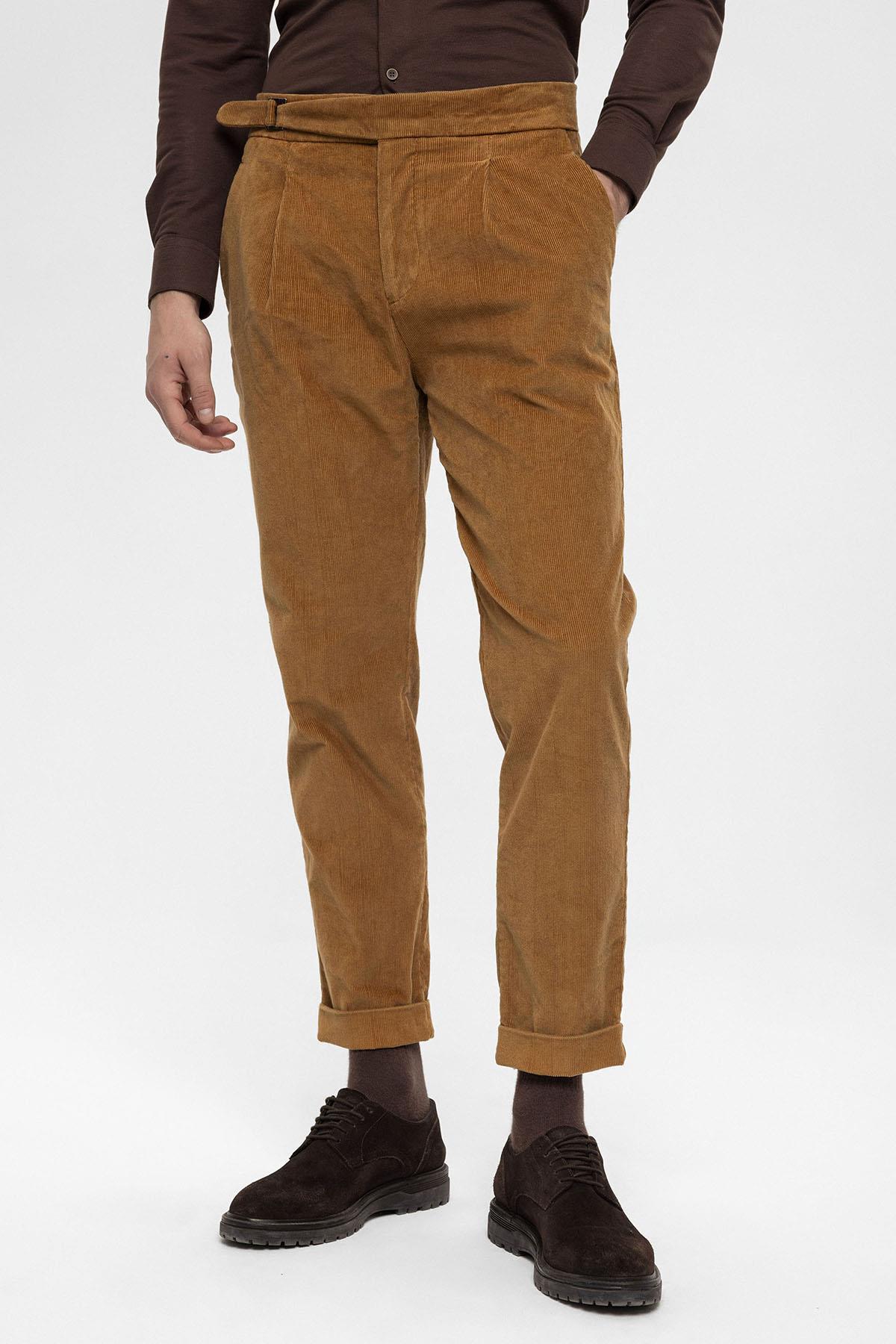 Men's Light Tan High Waist Double Leg Velvet Trousers