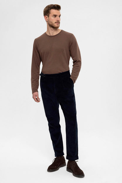 Men's Navy Blue High Waist Double Leg Velvet Trousers