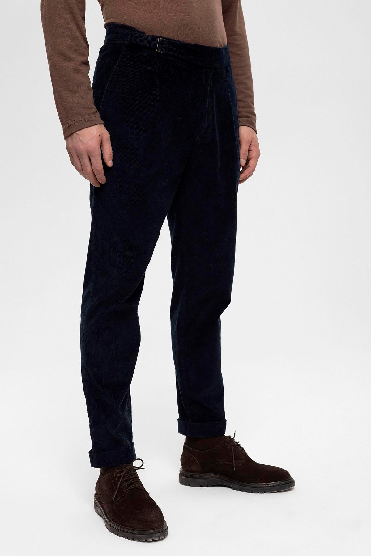 Men's Navy Blue High Waist Double Leg Velvet Trousers