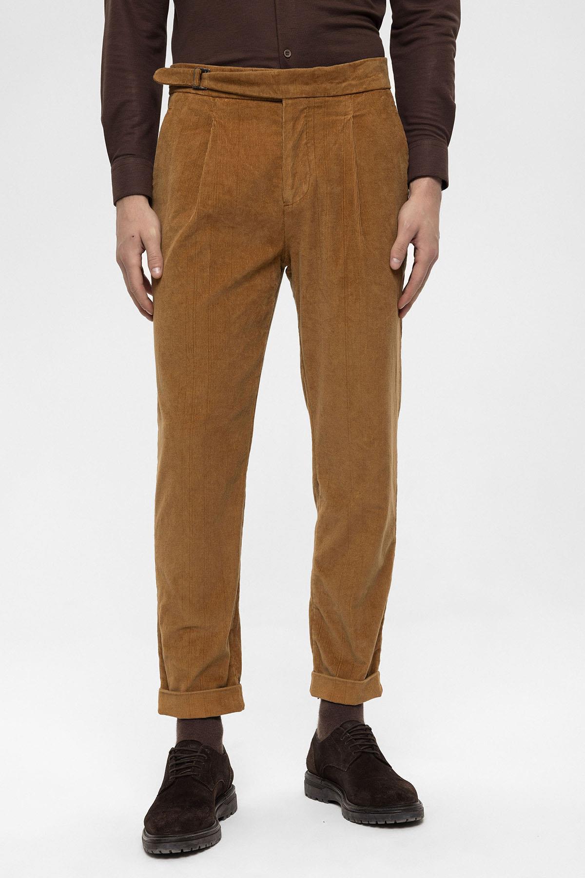 Men's Light Tan High Waist Double Leg Velvet Trousers