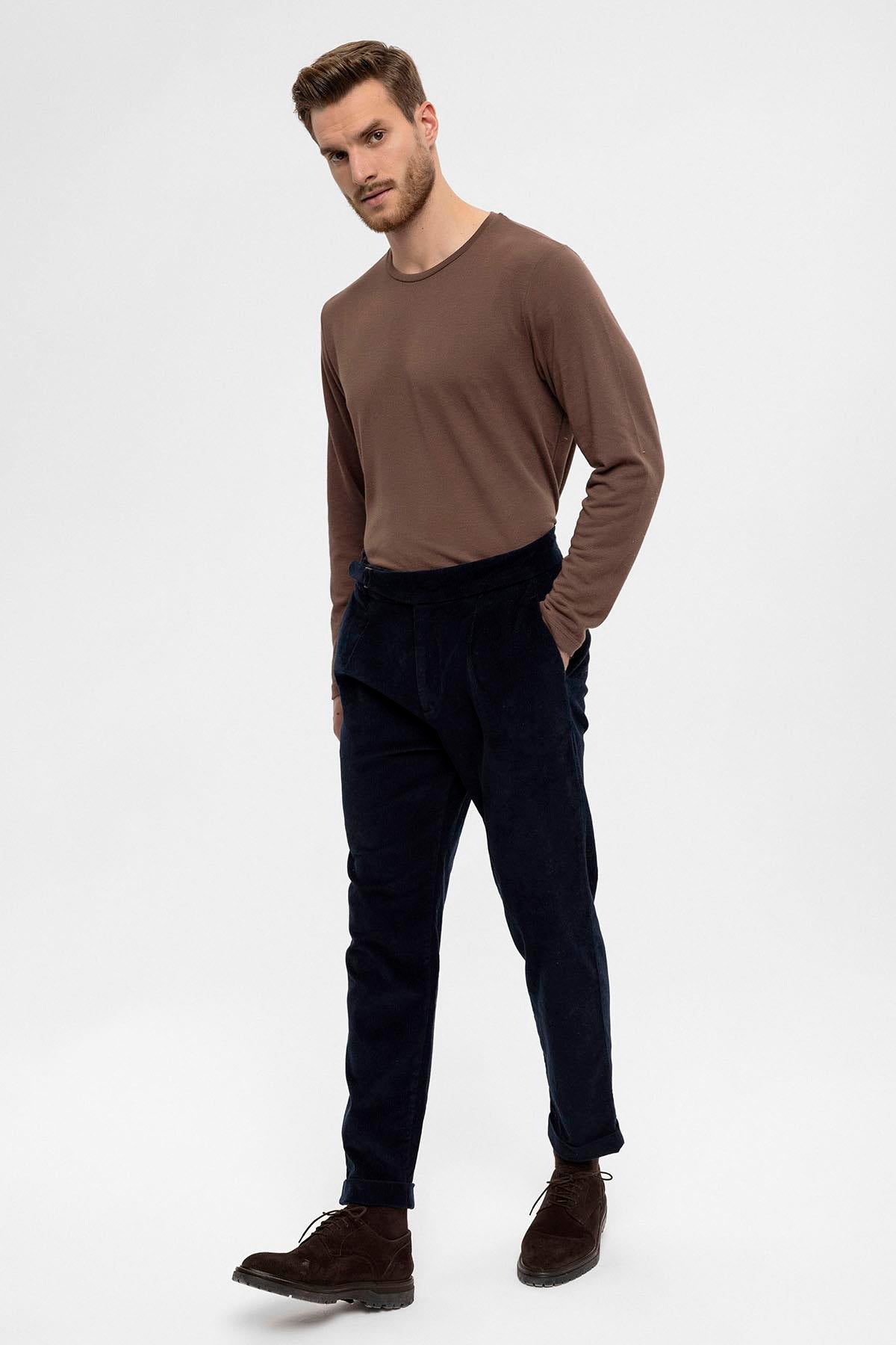 Men's Navy Blue High Waist Double Leg Velvet Trousers