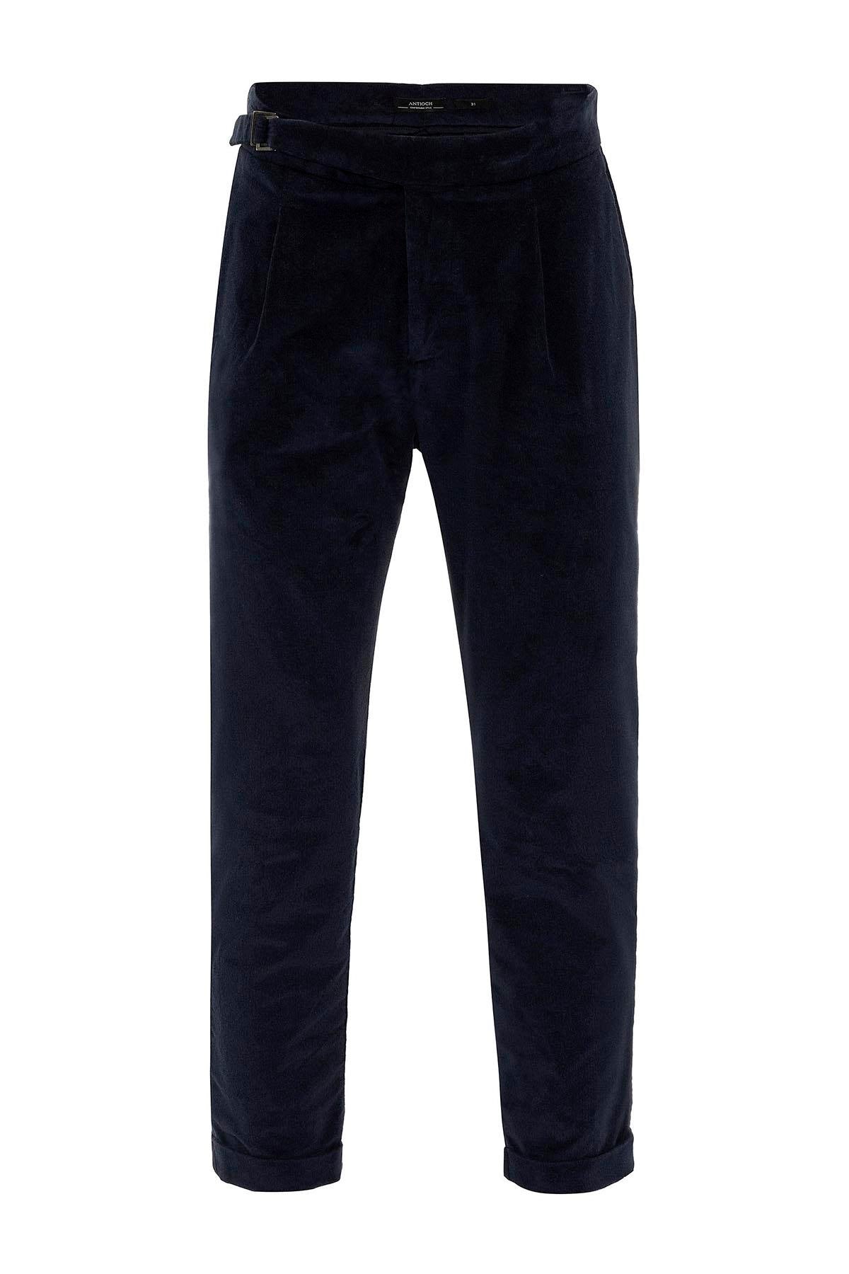 Men's Navy Blue High Waist Double Leg Velvet Trousers