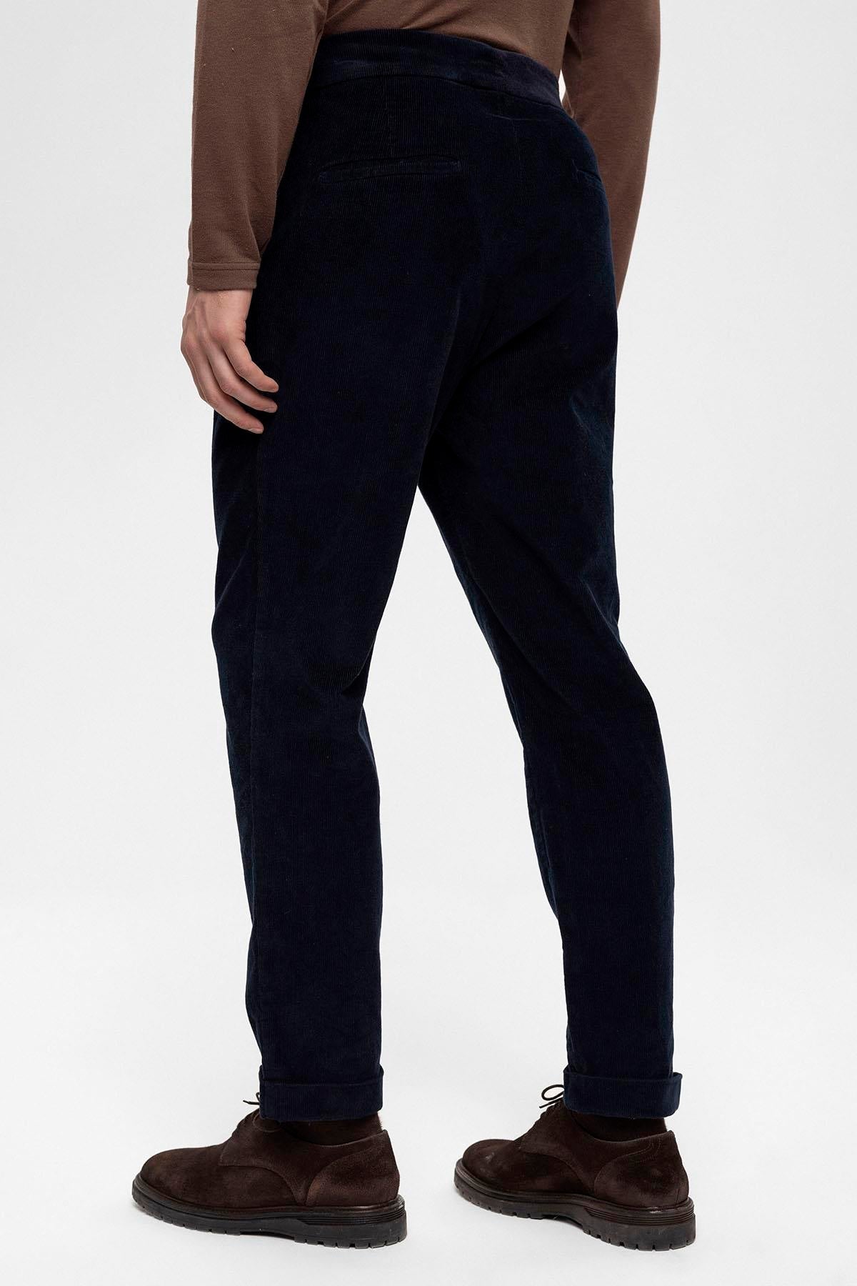 Men's Navy Blue High Waist Double Leg Velvet Trousers
