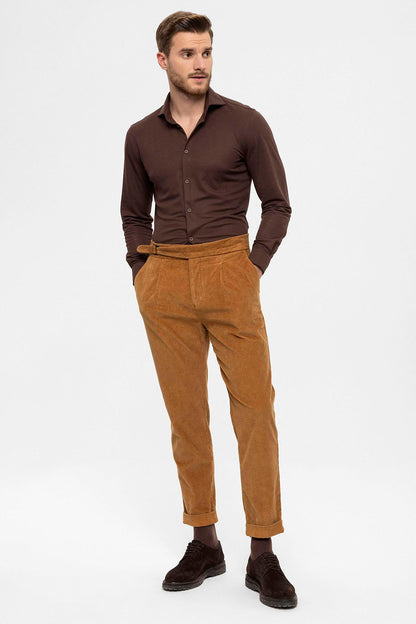 Men's Light Tan High Waist Double Leg Velvet Trousers