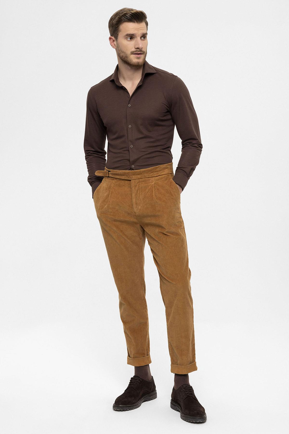 Men's Light Tan High Waist Double Leg Velvet Trousers
