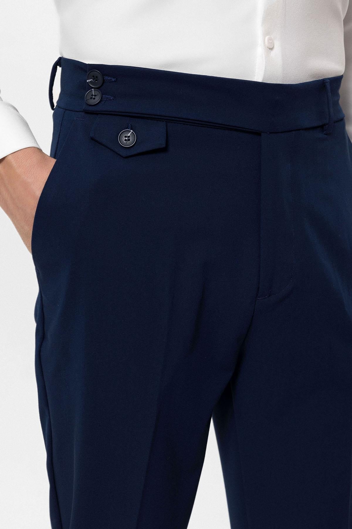 Men's Navy Blue High Waist Button Closure Trousers
