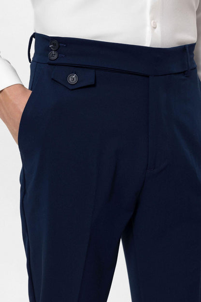 Men's Navy Blue High Waist Button Closure Trousers