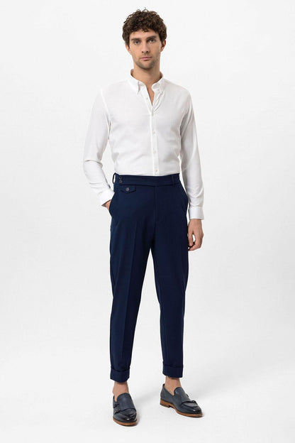 Men's Navy Blue High Waist Button Closure Trousers