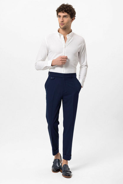 Men's Navy Blue High Waist Button Closure Trousers