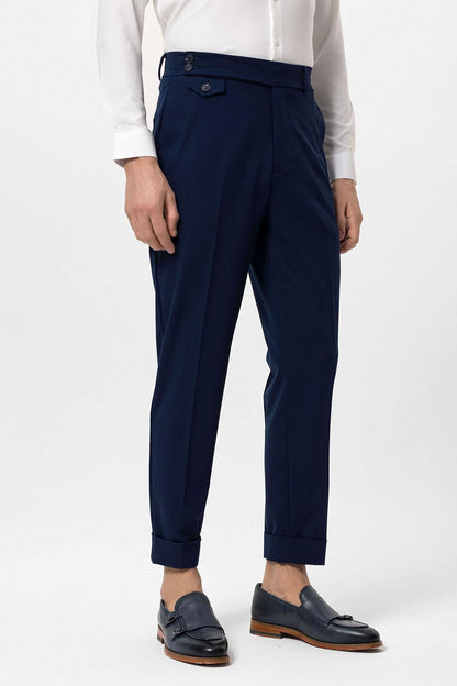 Men's Navy Blue High Waist Button Closure Trousers